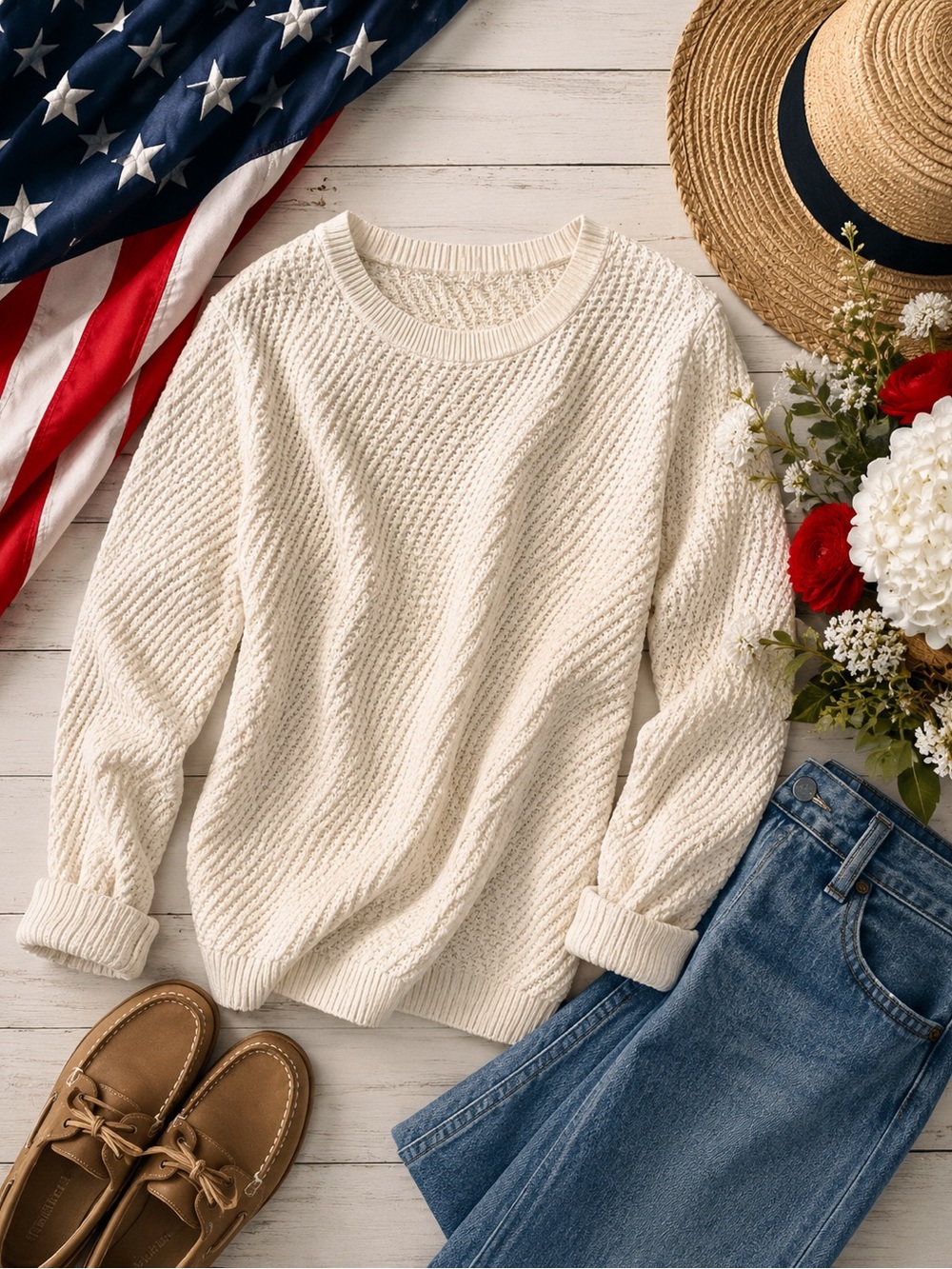 Lands' End Cream Waffle-Knit Scoop-Neck Sweater